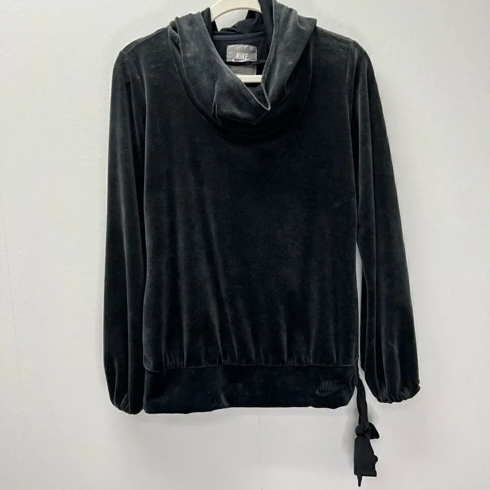 Nike Dark Gray Velvet Velour Hooded Cowl Neck Ribbon Drawstring Pullover Hoodie